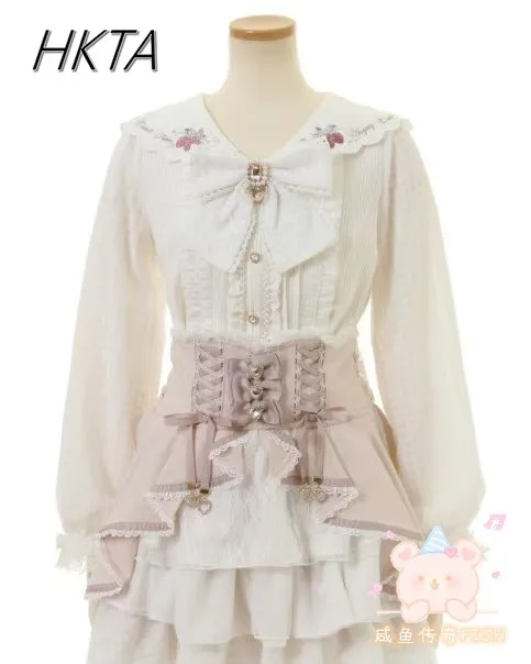 Original Spring New Lolita Girls Knitted Sweater Top Cute Sweet Strawberry Embroidered Bow Mine Long-sleeve Shirts Liz Camisas - Imagen 3