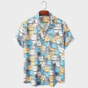 Cute 3d Cartoon Cat Print Shirt For Men Cool Summer Short Sleeve Button Loose Hawaiian Shirt Holiday Beach Shirt Kids Clothing
