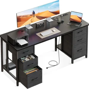 Escritorio con 6 Cajones 160x52cm Mesa Escritorio 2 Enchufes y 2 Puertos de Carga USB Escritorio Ordenador con Estantes para la