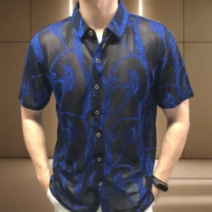 Flower See Through Shirt Short Sleeve Camisa Social Masculina Summer Sexy Prom Transparent Shirt Camisa Masculina Chemise Homme