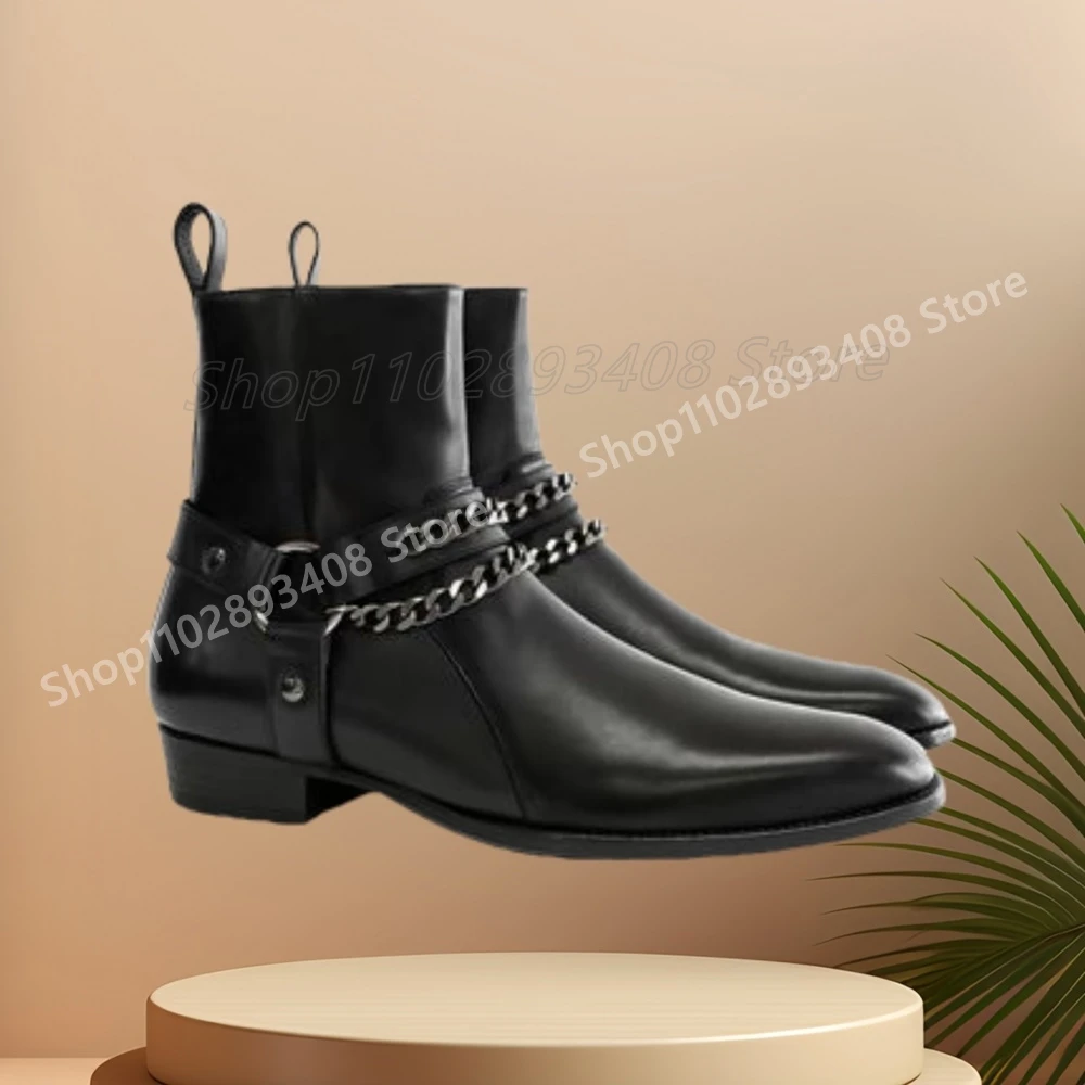 Black Punk Style Metal Chain Decor Men Boots Leather Rivets Round Rings Side Zipper Shoes for Men Flat Autumn Zapatillas Mujer