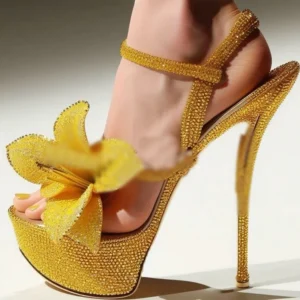 Yellow Flower Glitter Platform Sandals Thin High Heel Peep Toe Fashion Sexy 2025 Summer Big Size Woman Shoes Zapatillas Mujer