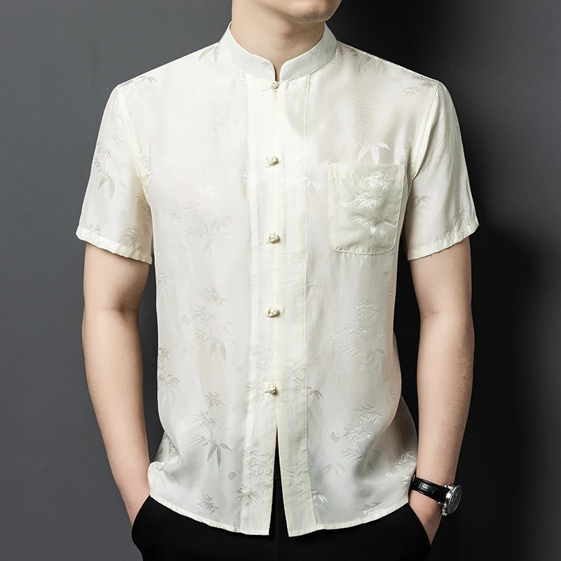 Chinese Style Silk Shirts For Men Short Sleeved Pocket Jacquard Summer Quality Soft Comfortable Satin Coolness Camisas De Hombre - Imagen 2