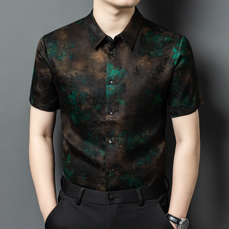Extremely Luxurious 100%Silk Shirts For Men Short Sleeve Floral Summer Quality Coolness Gambiered Canton Gauze Camisas De Hombre
