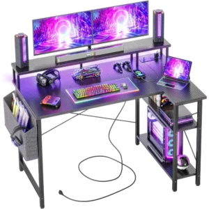 Escritorio de Esquina con LED Regleta Enchufes - 120x70cm Grande Mesa de Ordenador en Forma L, Estantes de Almacenamient