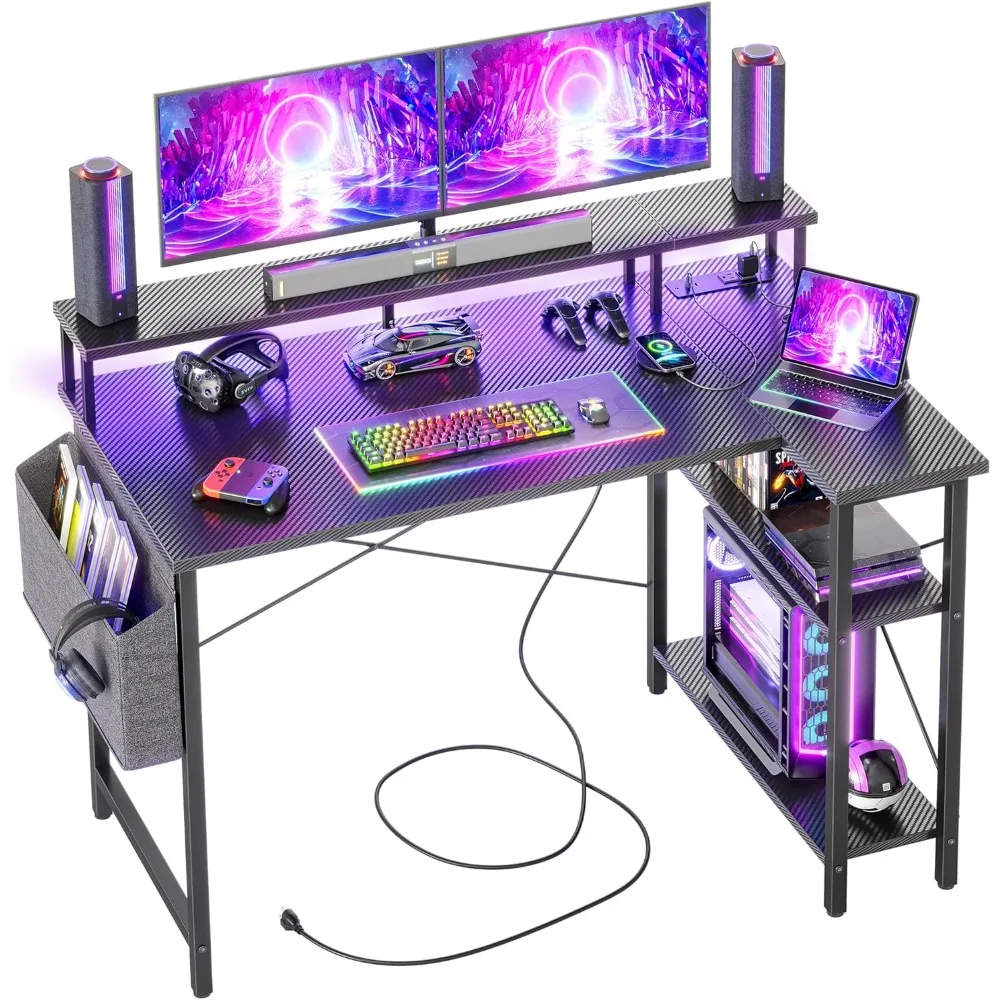 Escritorio de Esquina con LED Regleta Enchufes - 120x70cm Grande Mesa de Ordenador en Forma L, Estantes de Almacenamient