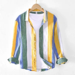 New Designer Long-sleeve Casual Striped Linen Brand Shirts For Men Trend Comfortable Tops Clothing Plus Size Camisa Masculina