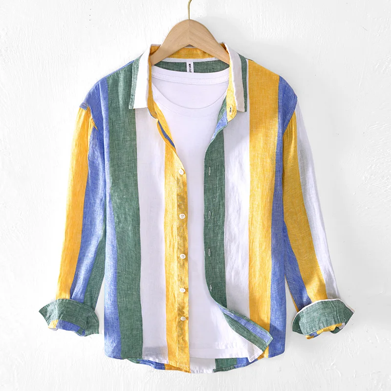 New Designer Long-sleeve Casual Striped Linen Brand Shirts For Men Trend Comfortable Tops Clothing Plus Size Camisa Masculina