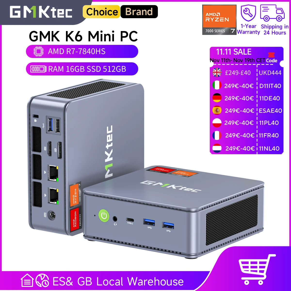 GMKtec K6 Mini PC AMD R7-7840HS 8C/16T 16GB RAM 512GB PCIe 4.0 SSD Mini Desktop Computer Window 11 Pro WiFi 6E/BT5.2 Type-C