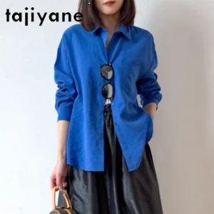 TAJIYANE 76% Mulberry Silk Blouse Woman Elegant Royal Blue Shirt Old Money Style Women Tops Dry Silk Spring Clothes 2025 Camisas