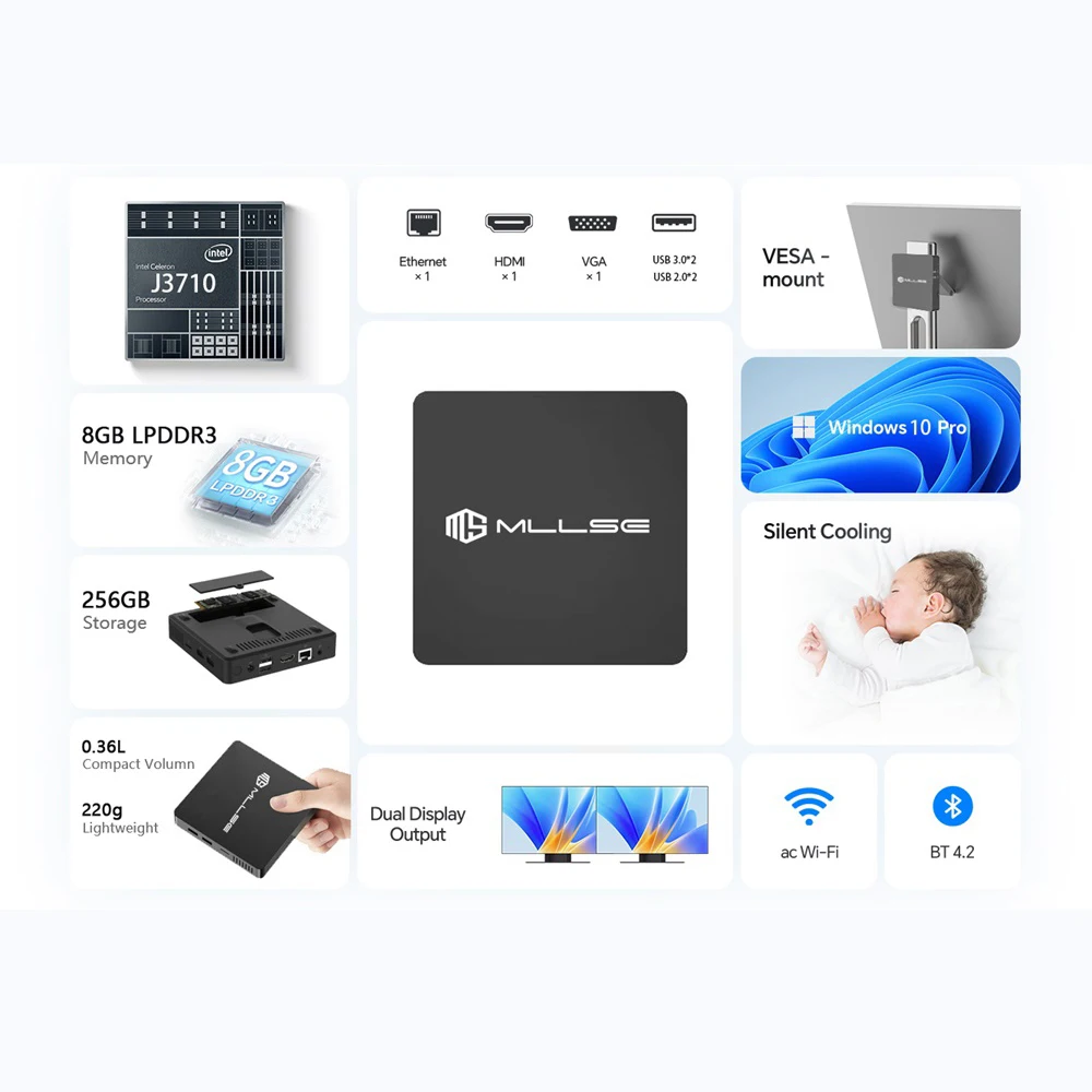 MLLSE M2 Pro Mini PC Intel J3710 CPU 8GB RAM 256GB SSD WiFi5 BT4.2 Windows 10 Mini Desktop Computer - Imagen 2