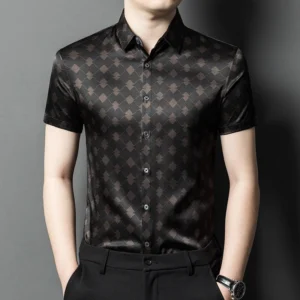 HT1402 Plaid 3D Print Shirts For Men Short Sleeved Silk Coolness Summer Quality Skin-Friendly Easy Care Casual Camisas De Hombre